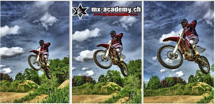 Downhill und Motocross: Sprung in drei Bildern, der Fahrer hebt über einer Kuppe ab