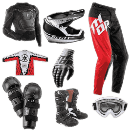 Enduro Schutzausrüstung als Set: Protektorenjacke, Helm, Hose, Brille, Handschuhe und Stiefel