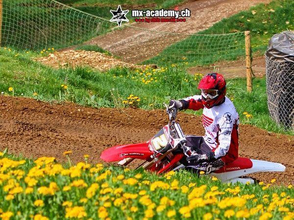 Kurvenfahrt mit rotem Helm, im Vordergrund blüht gelber Löwenzahn – Motorbike fahren im Grünen