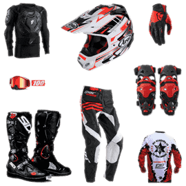 Komplette Motocross Ausrüstung mit Helm, Brille, Protektorenjacke, Handschuhen, Knieschützern, Stiefeln, Hose und Jersey
